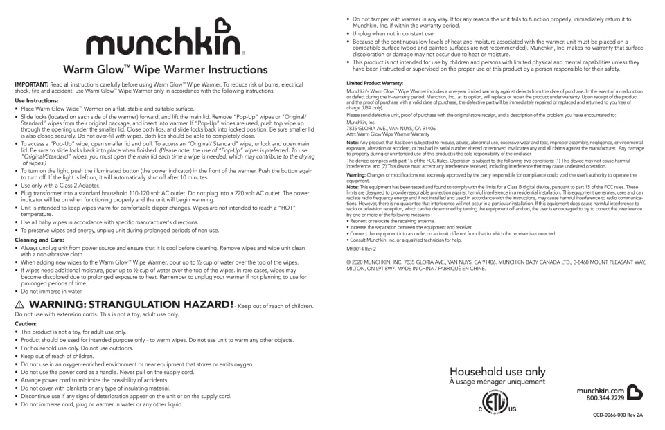 Munchkin Warm Glow Wipe Warmer, Low Voltage and Energy Efficient, Holds