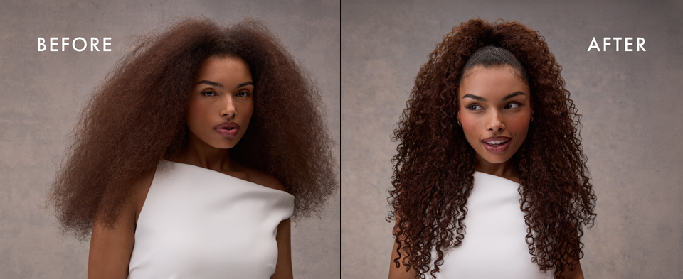Two images of the same woman, first with her  curly hair frizzy, and then moisturized and tied-up.