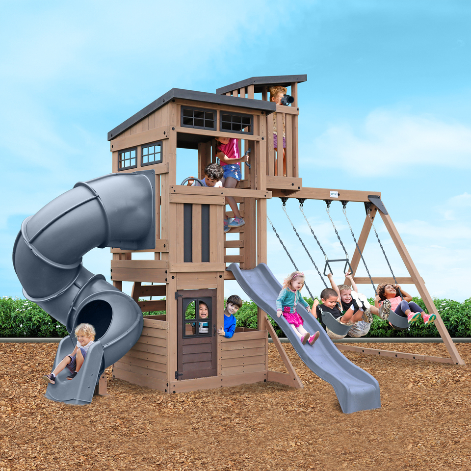 Alternate view of Skyline Lookout Swing Set with kids