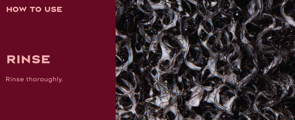 Close up shot of curly wet hair covered in conditioner, next to rinsing instructions