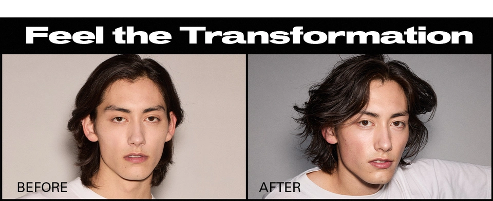 Sebastian before and after comparison of male unstyled versus styled hair