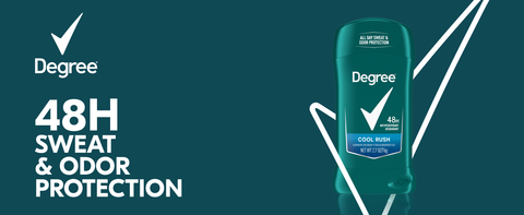 Degree logo with text under, next to a Cool Rush Deodorant Stick within the brad's check symbol.
