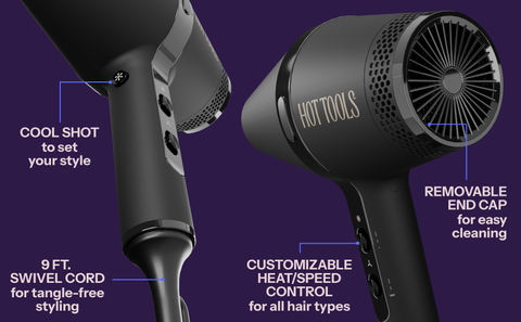 Cool shot, 9ft cord, custom heat and speed settings, removable cap for easy cleaning