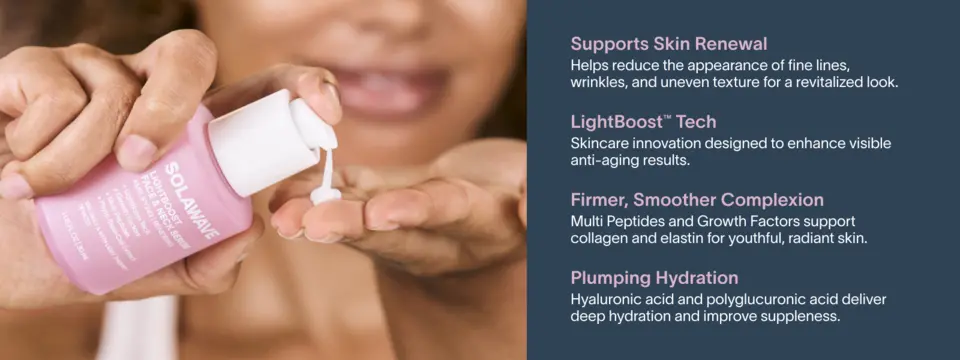 Close-up of Solawave Face &amp; Neck Serum being pumped onto the hand with ingredient benefit text.