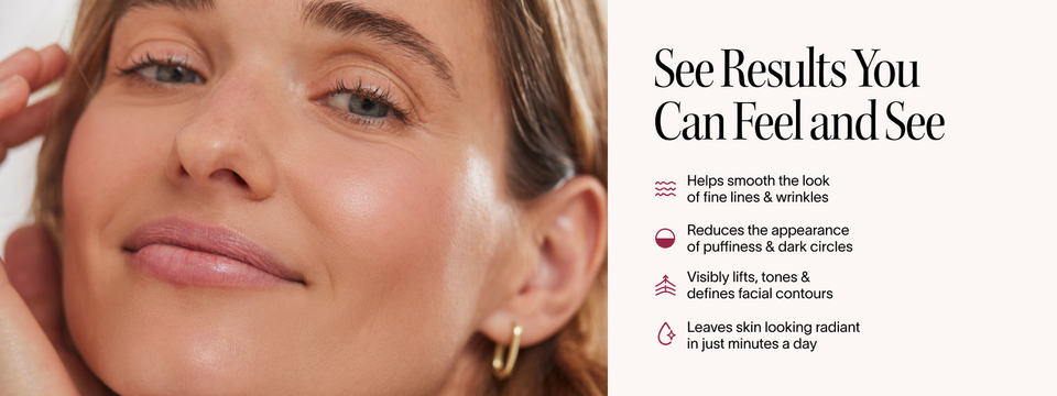 Image of model and text about the benefits of using a red light therapy wand