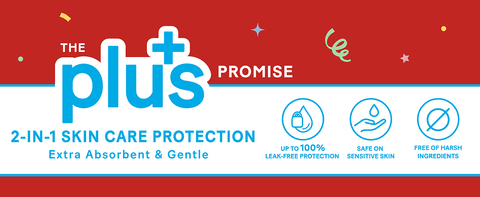 The Plus Promise. 2-in-1 skin care protection. Extra Absorbent &amp; Gentle.