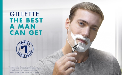 Man shaves his right cheek. Text reads "Gillette. The best a man can get".