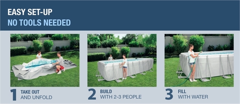 This pool is easy to set up, with no tools needed. Simply unfold, buld with 2-3 people and fill with water