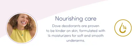 Smiling woman with arms up next to Dove deodorant benefits, set against a soft pink-white backdrop