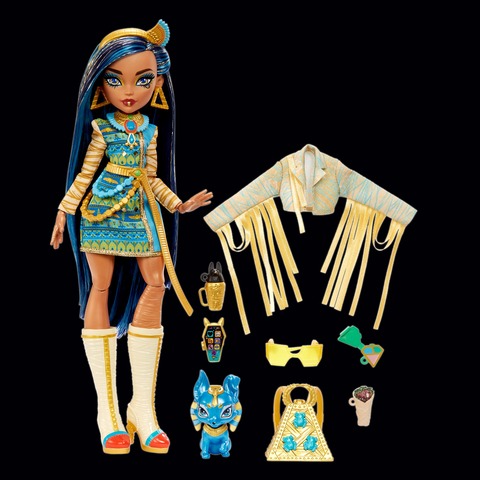 Monster High Cleo De Nile Fashion Doll with Blue Streaked Hair, Accessories  & Pet Dog