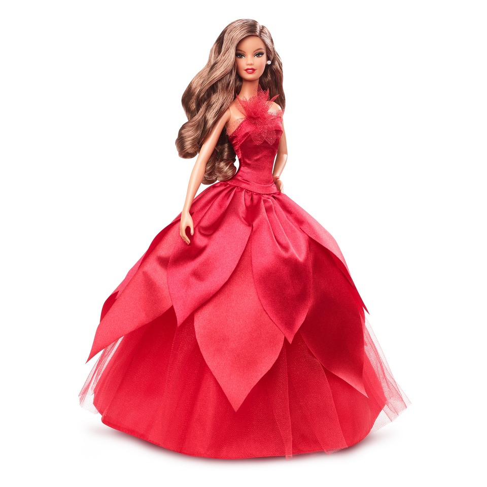 thumbnail video image 2 of Barbie Signature 2022 Collectible Holiday Doll with Brown Hair & Red Poinsettia Gown, 2 of 7