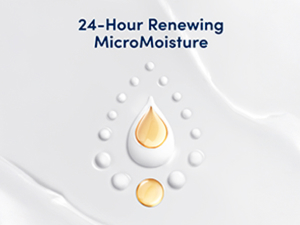 A close-up of a droplet with a soft, white background and 24-Hour Renewing MicroMoisture text.