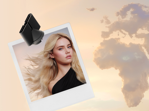 Clouds shaped like Europe and Africa, with a model and a Styling concentrator attachment.