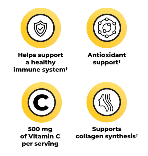 Giúp hỗ trợ hệ thống miễn dịch khỏe mạnh.† Hỗ trợ chống oxy hóa.† 500mg Vitamin C mỗi khẩu phần.† Hỗ trợ tổng hợp collagen.†
