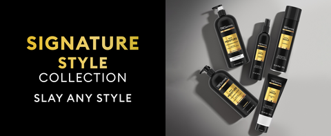 Text on a black backdrop next to a full range of TRESemmé products.