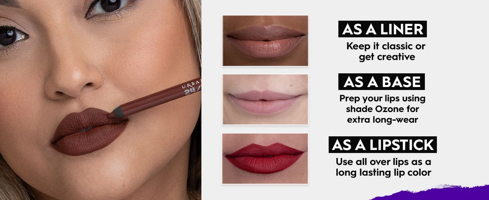 three ways to use lip liner, showcasing a model holding 24/7 Lip Liner. 