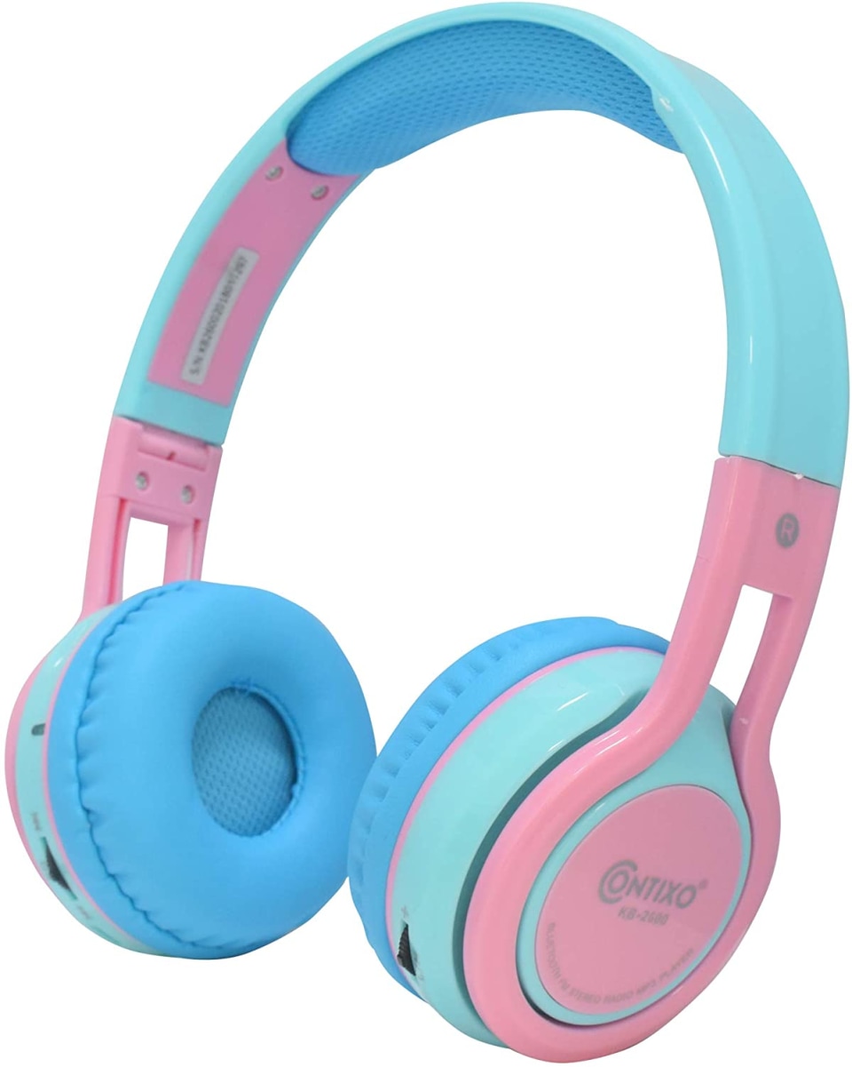 thumbnail video image 2 of Contixo Kids Bluetooth Headphones, Wireless & Wired, Built-In Mic, SD Music Player, Over-Ear Design - Pink, 2 of 8