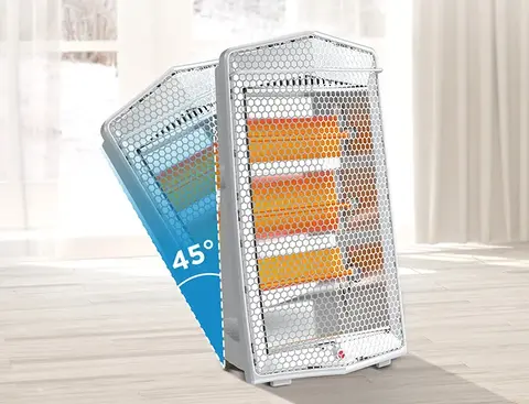 A diagram illustrating the 45-degree tilt safety feature on the heater.