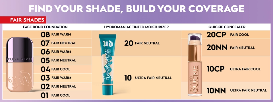 Find your shade, build your coverage image featuring Urban Decays Face Bond, Hydromaniac, and Quickie Concealer for fair skin tones.