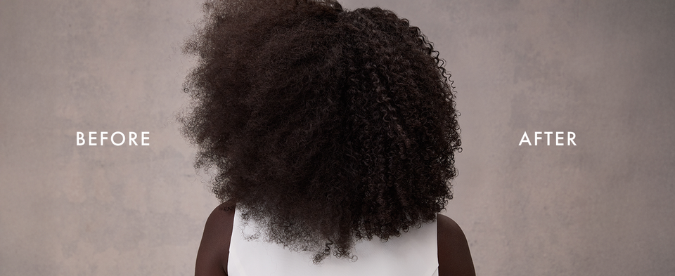 Before-and-after shot of curly hair going from damaged and frizzy to moisturized and soft.