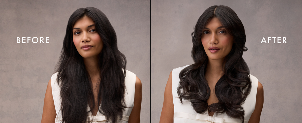 Before and after images of the same woman going from damaged to healthy-looking hair.