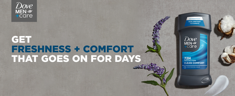 Image of Dove Men+Care Clean Comfort Deodorant Stick between cotton, lavender and next to titles.