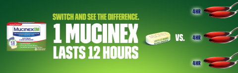 SWITCH AND SEE THE DIFFERENCE. 1 MUCINEX LASTS 12 HOURS VS. 3 SPOONS OF 4 HOURS