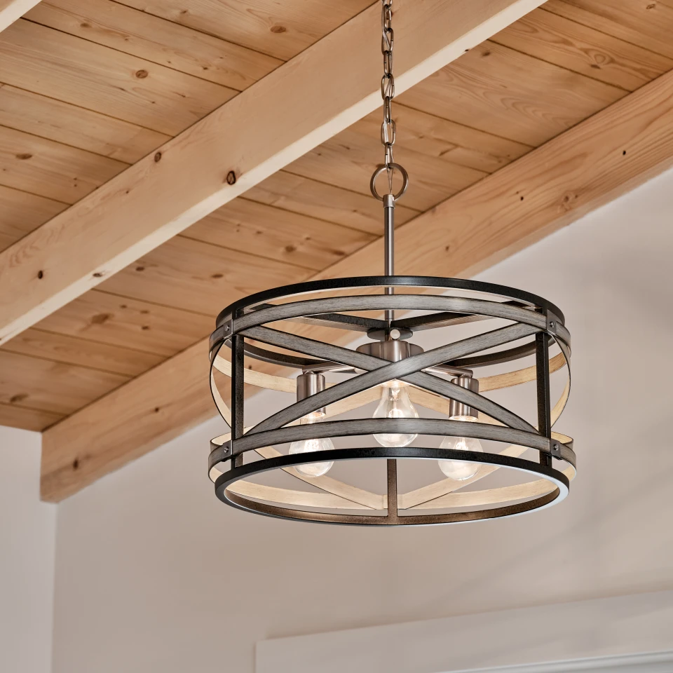 Kichler Barrington Anvil Iron and Distressed Antique Grey Rustic Seeded Glass Drum Pendant Light