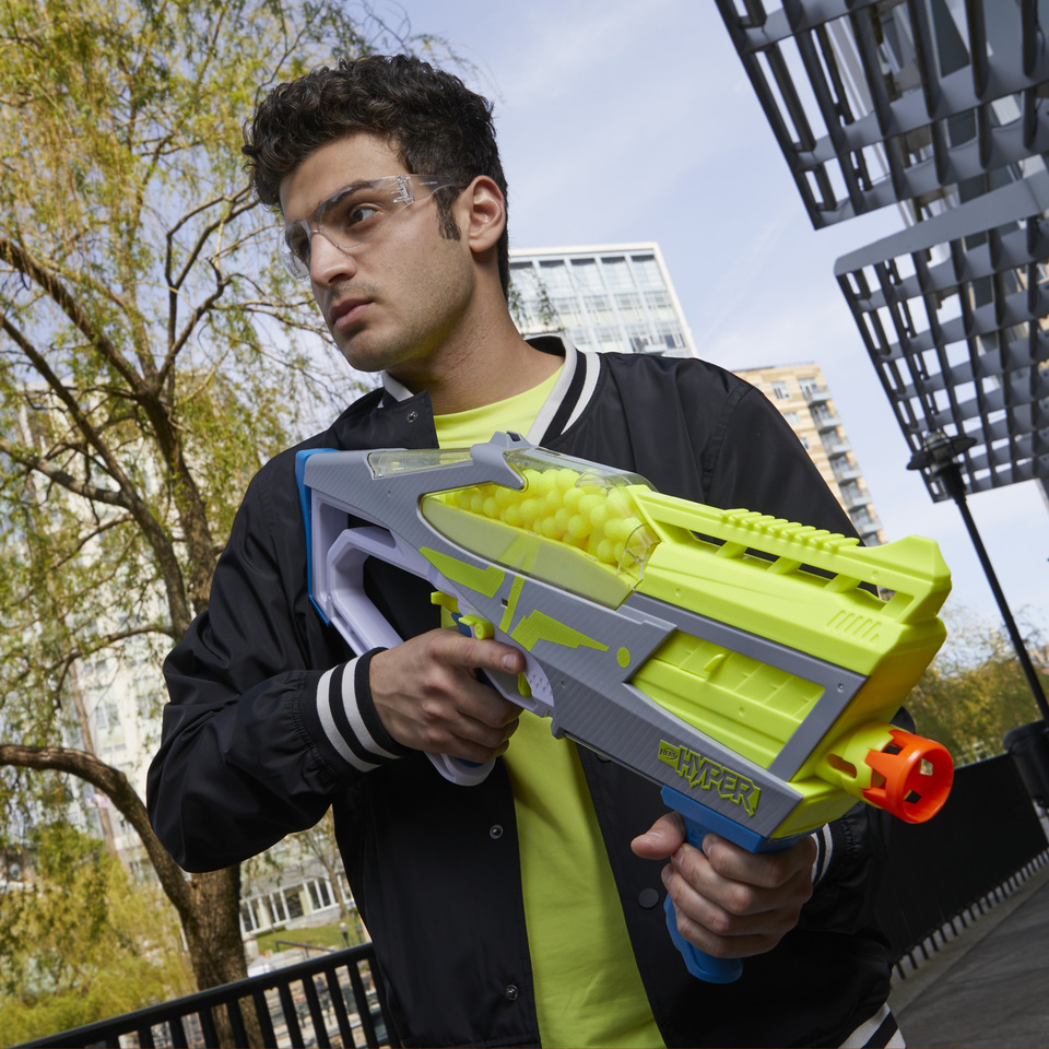 thumbnail video image 2 of Nerf Hyper Evolve-100 Blaster, 70 Nerf Rounds, Spring-Open Hopper, Eyewear Included, 2 of 9
