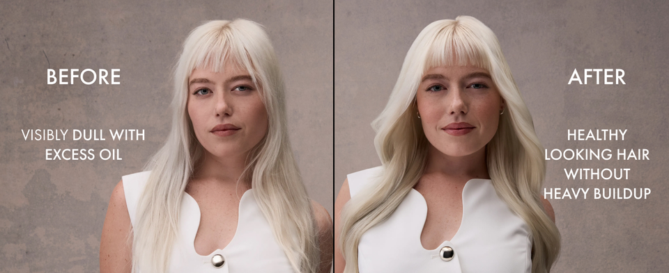 Two pictures of the same woman with her hair going from flat to touchable soft and voluminous.