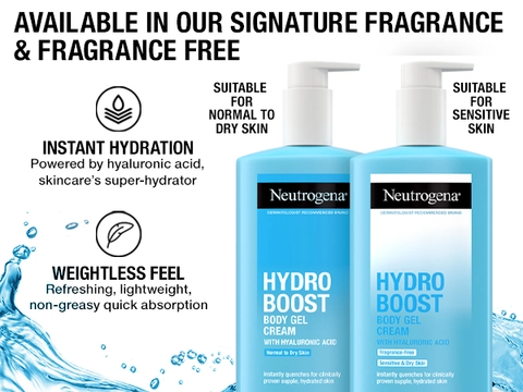 Bottles of Neutrogena Hydro Boost Hydrating Body Gel on white background with water splash