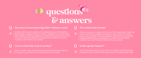 Q&amp;A section on a pink background with a golden dove emblem &amp; soft bubbles.
