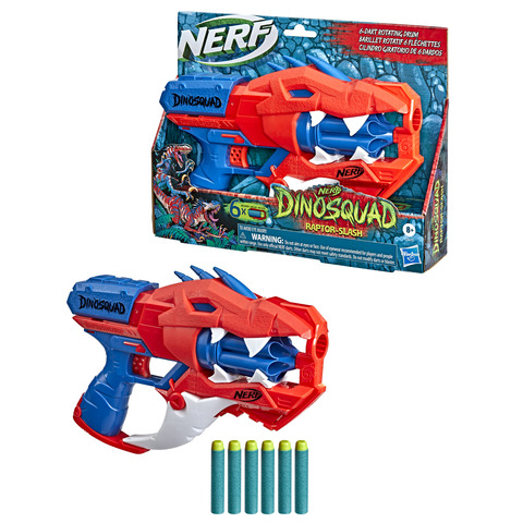 Sports & Outdoor Play  Nerf Kids Dinosquad Raptor-Slash Dart Blaster,  6-Dart Rotating Drum, Slam Fire, 6 Darts, Velociraptor Dinosaur Design - La  toque noire