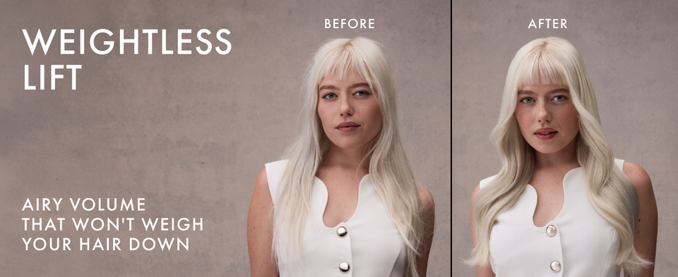 2 images: Same blond woman going from damaged to textured hair. Text about weightless lift &amp; volume.
