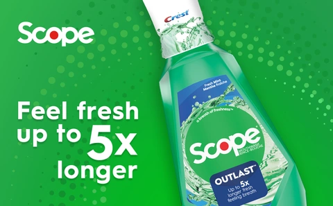 Scope Outlast Fresh Mint Rinse makes up to 5x longer fresh feeling breath and the bottle is displayed on the right side.