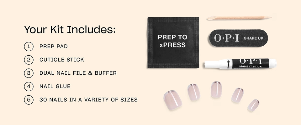 Kit includes alcohol wipe pad, cuticle stick, nail file, nail glue, and 30 nails