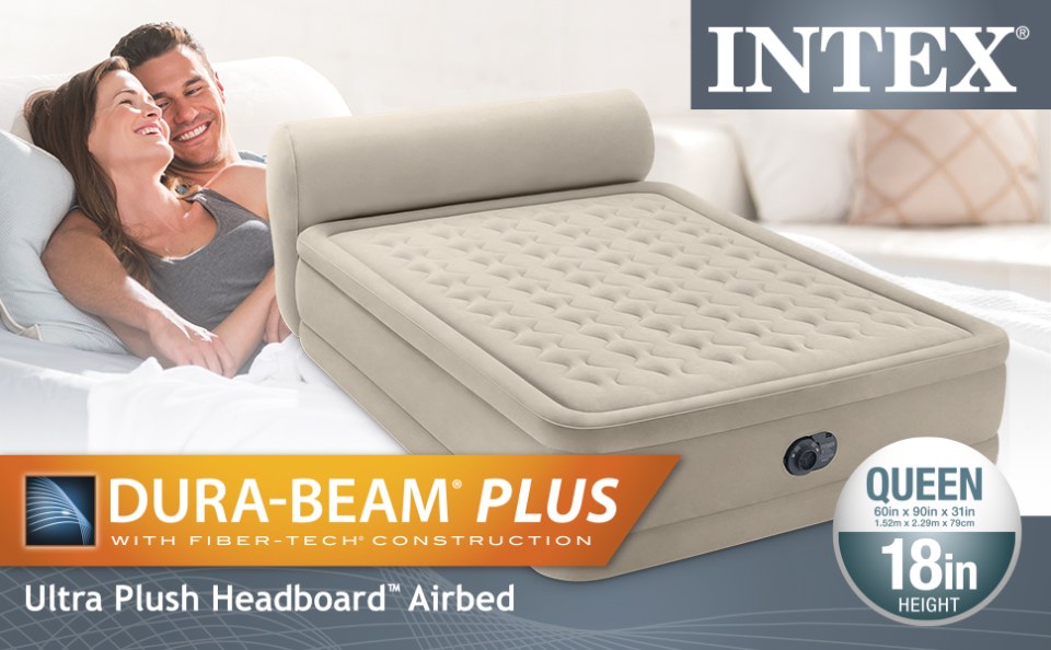 Intex Durabeam Headboard 18 Queen Air Mattress with Built-in Pump 