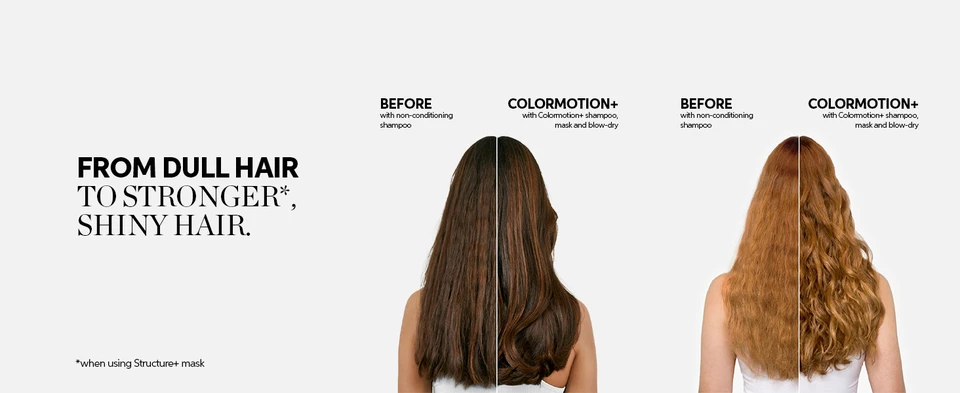 Before and Afters showing from dull hair to stronger, shiny hair when using the Color Motion Structure mask