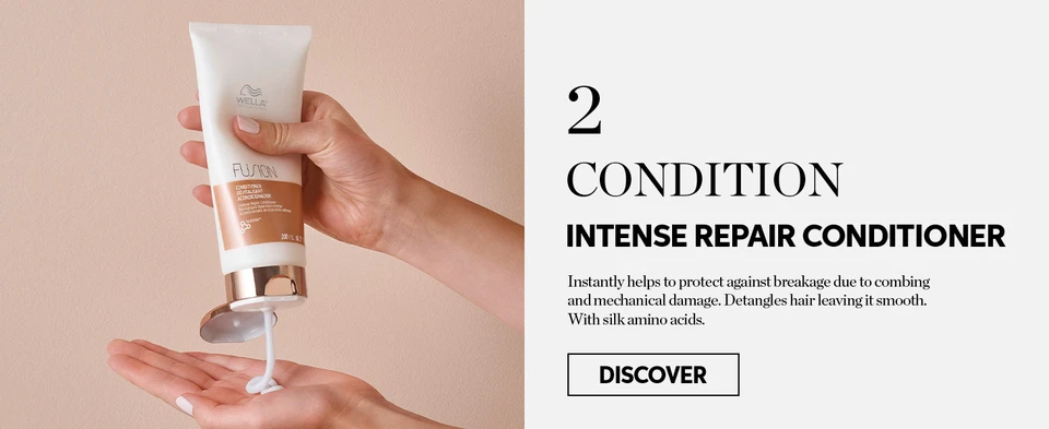 Condition with intense repair conditioner to protect against mechanical damage and detangle hair with silk amino acids