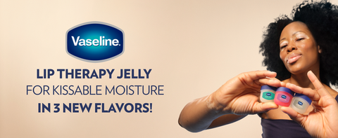 Image of a woman holding 3 small pots of Vaseline Lip Therapy Jelly, each of one kind.