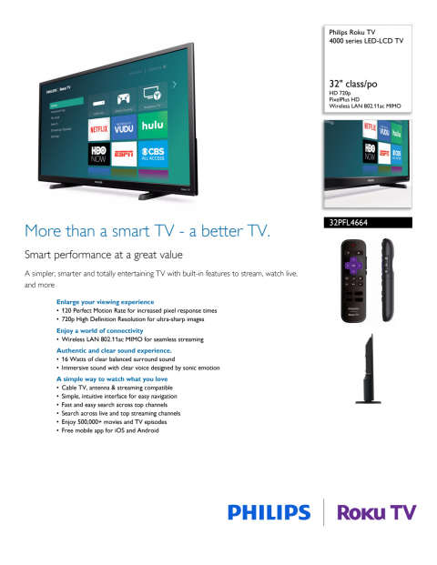 Philips 32" Class HD (720P) Smart Roku LED TV (32PFL4664/F7) - Walmart