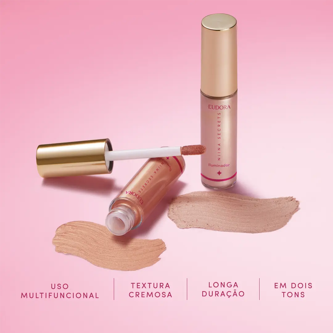 Card com dois produtos Iluminador Niina Secrets dispostos em posições diferentes, sendo um deles aberto. Abaixo, os benefícios: Uso multifuncional; Textura cremosa; Longa duração; Em dois tons.