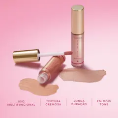 Card com dois produtos Iluminador Niina Secrets dispostos em posições diferentes, sendo um deles aberto. Abaixo, os benefícios: Uso multifuncional; Textura cremosa; Longa duração; Em dois tons.