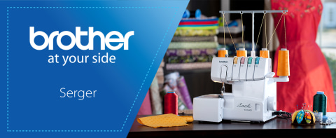 Brother At Your Side logo and  "serger" in blue background next to a 1034D lifestyle image