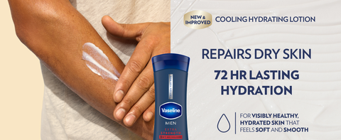 Man applying Men Fast-Absorbing Body Lotion to his arm next to text about 72H lasting hydration.