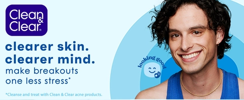 Person smiling with clearer skin and clearer mind on light blue background with clean &amp; clear logo