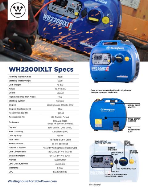 Westinghouse WH2200iXLT Super Quiet Portable Inverter Generator - 1800