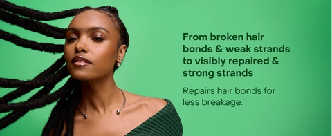 Four images, formula ingredients, conditioner jar, ingredients, and woman with dreadlocks.
