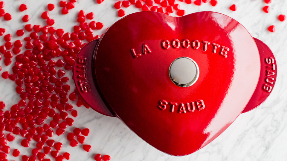 thumbnail video image 2 of Staub Cast Iron 1.75-qt Heart Cocotte - Cherry, 2 of 8