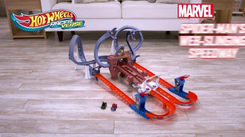 Hot Wheels RacerVerse Spider Man s Web Slinging Speedway Track Set with 2 Hot Wheels Racers Toys R Us Canada